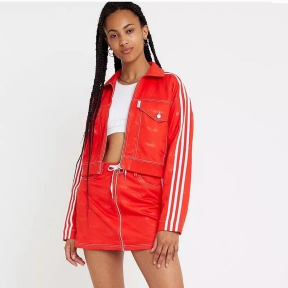 Adidas Fiorucci Collab Red Cropped Track Jacket with Stripe Sleeves - Women